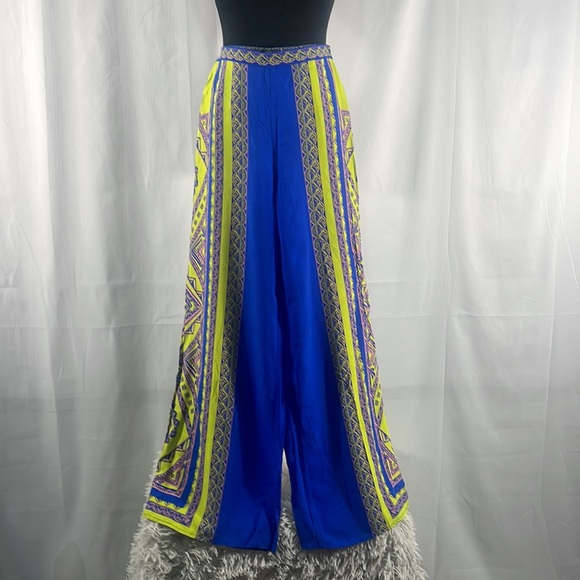 Royal Blue, Neon yellow multi colored, boho, wide leg high rise pants, Small - Picture 2 of 5